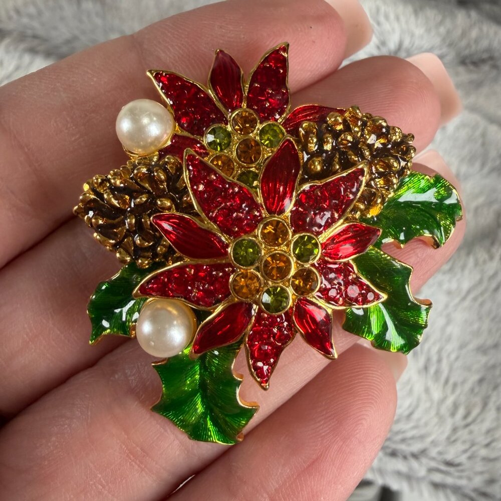 Vintage Christopher Radko Poinsettia & Pinecone Brooch